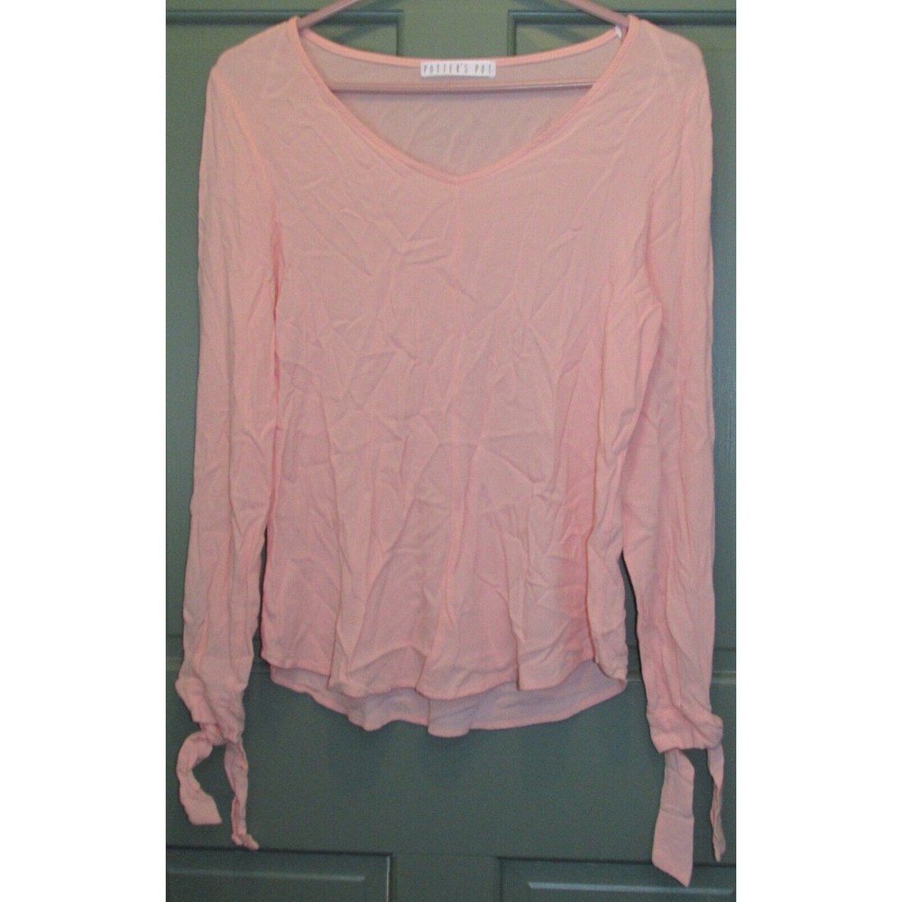 Potter's Pot Women's Peach V-Neck Long Sleeve Knot Sleeve Pullover Blouse Size L